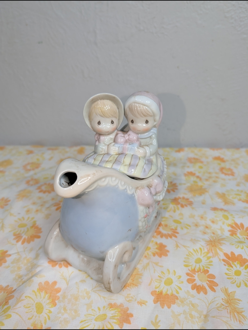 Porcelain Pastel Baby Sleigh Figurine - Blue and Pink